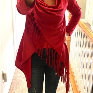 Red Cardigan With Fringe Hem Size XSS